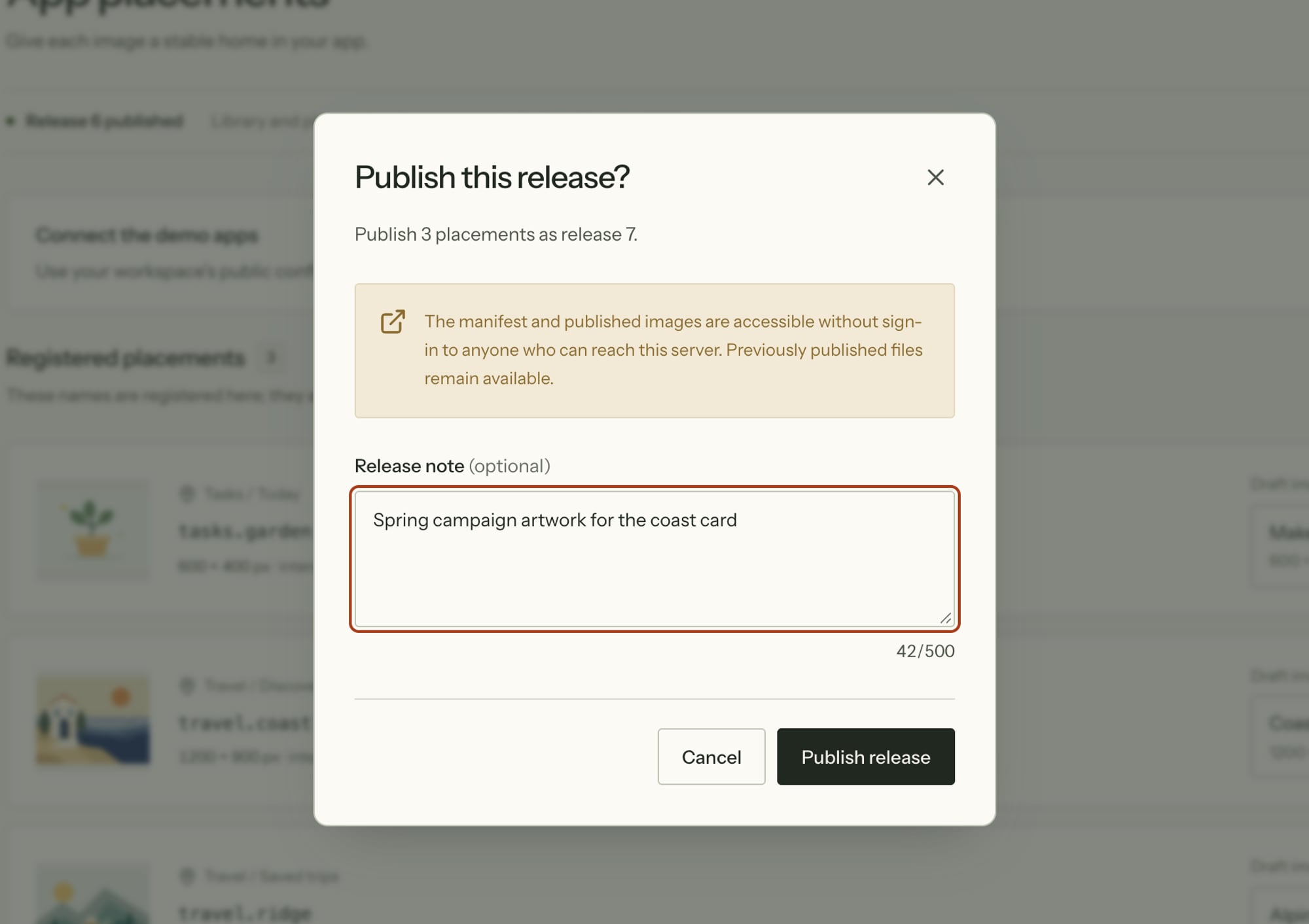 The publish dialog in the Assetlib console, with a release note and a notice that published images are public